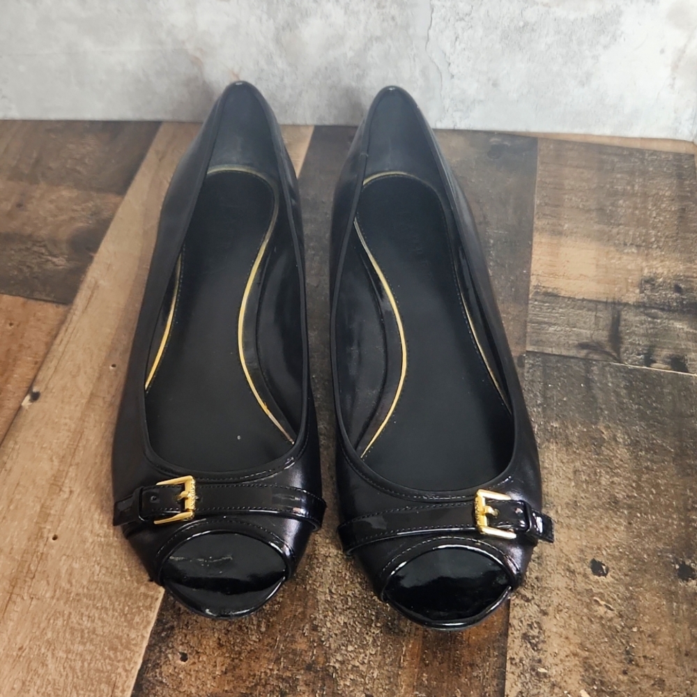 Ralph Lauren Black Wedge dress shoes with gold buckle open toe 8B